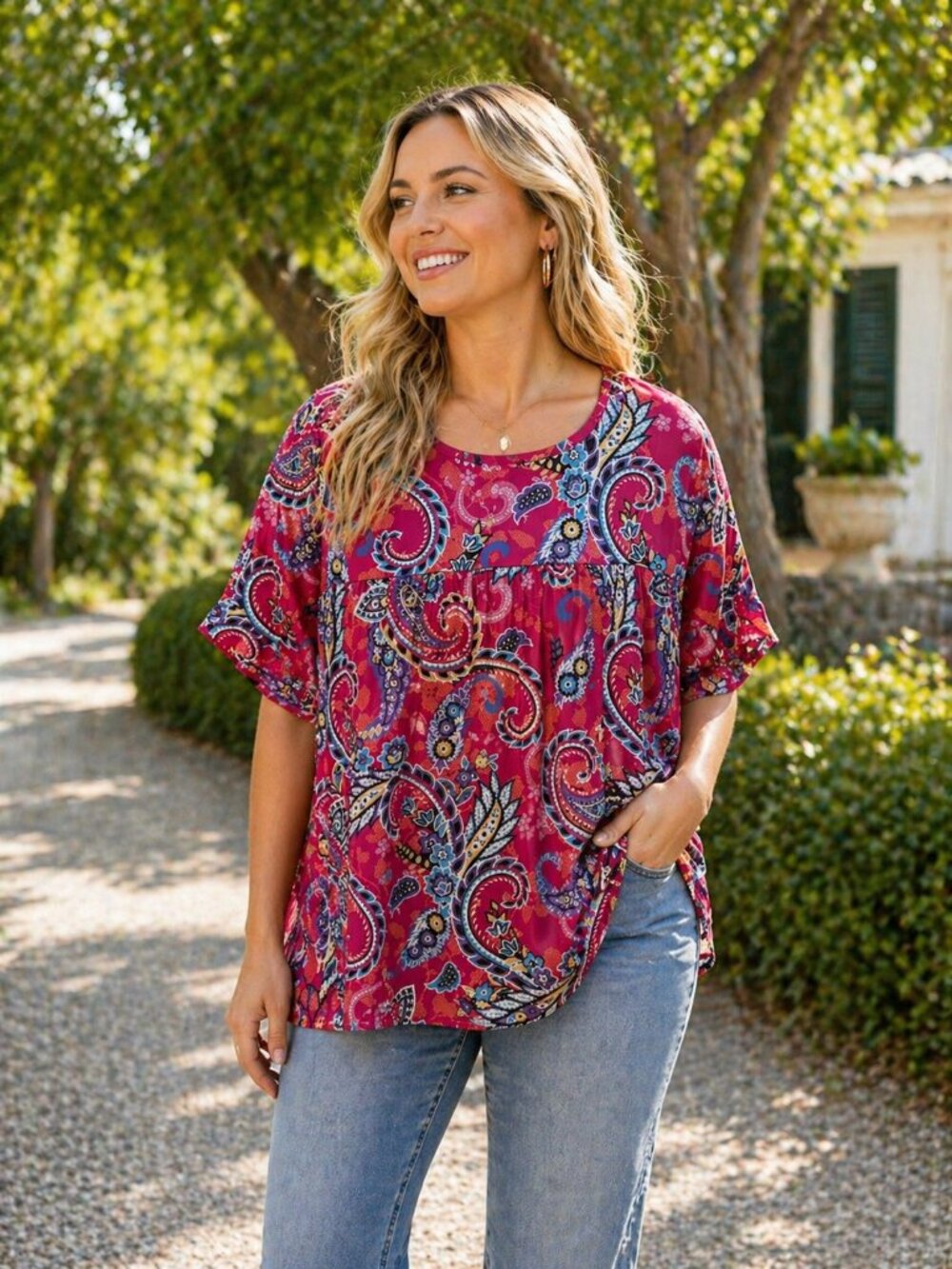 LIA women's dark pink and floral shirt